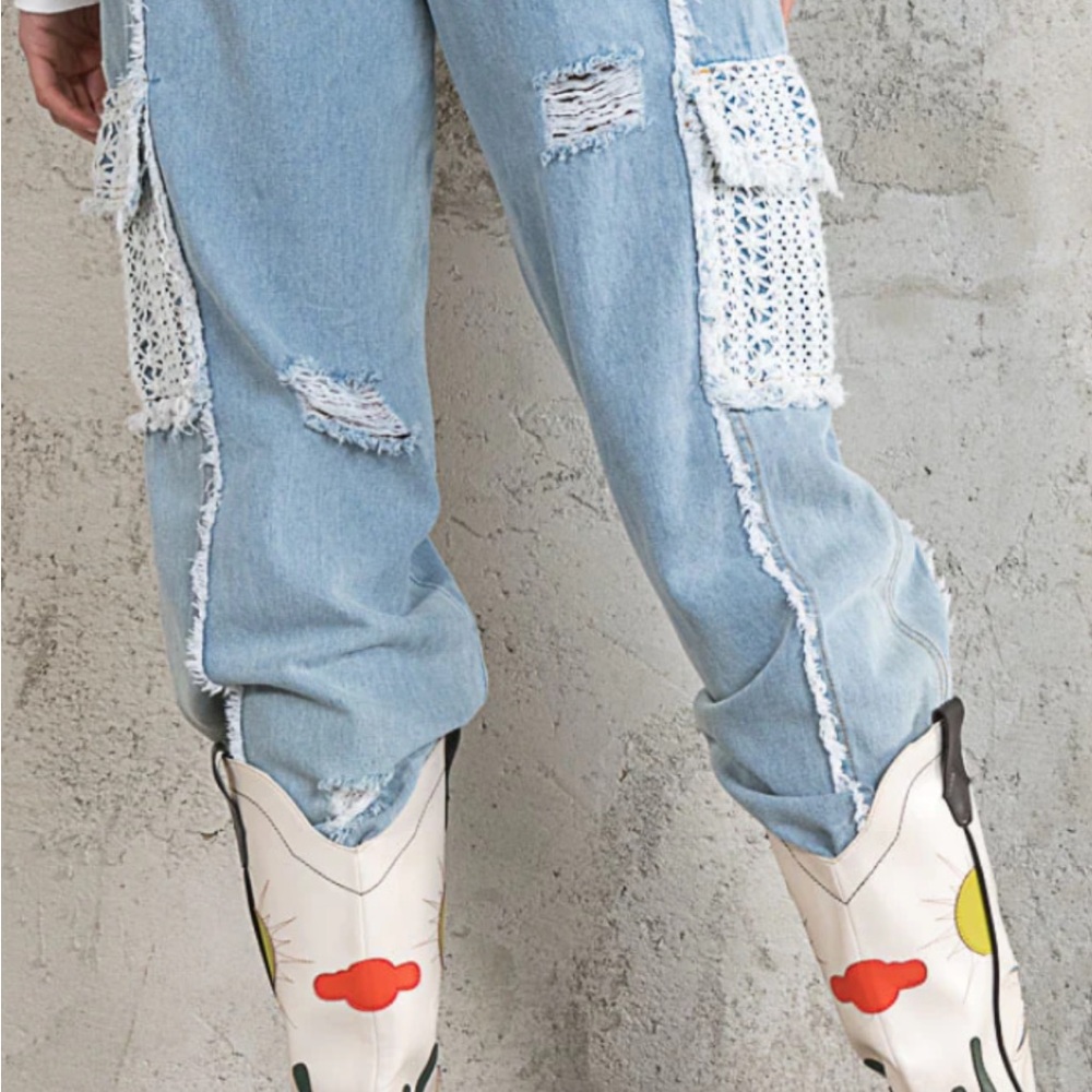 POL Blue Boyfriend Jeans with Distressed Crochet Details